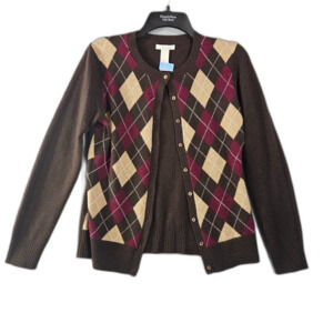 Tweeds S Cashmere 2 Ply Argyle Cardigan Brown Academia Tight knit Sweater